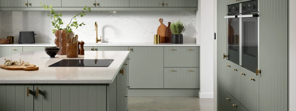 Athens doors in reed green with bianco roma worktop