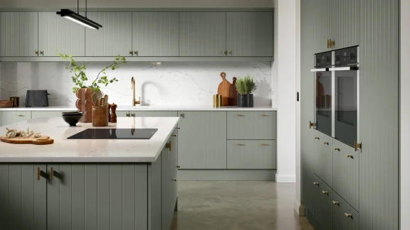 Athens doors in reed green with bianco roma worktop