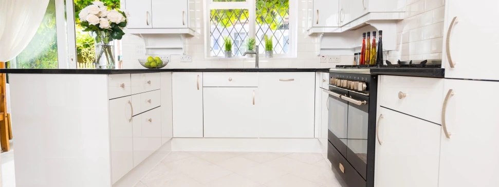 white gloss kitchen doors with black worktop 3