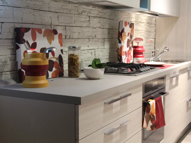 modern kitchen with wooden doors and matt grey worktop