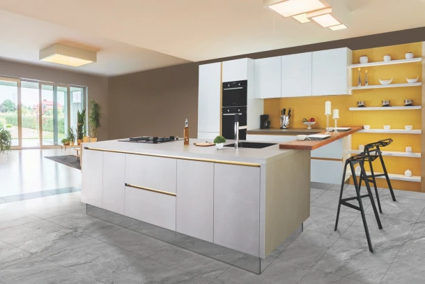 modern white handleless kitchen with kitchen island