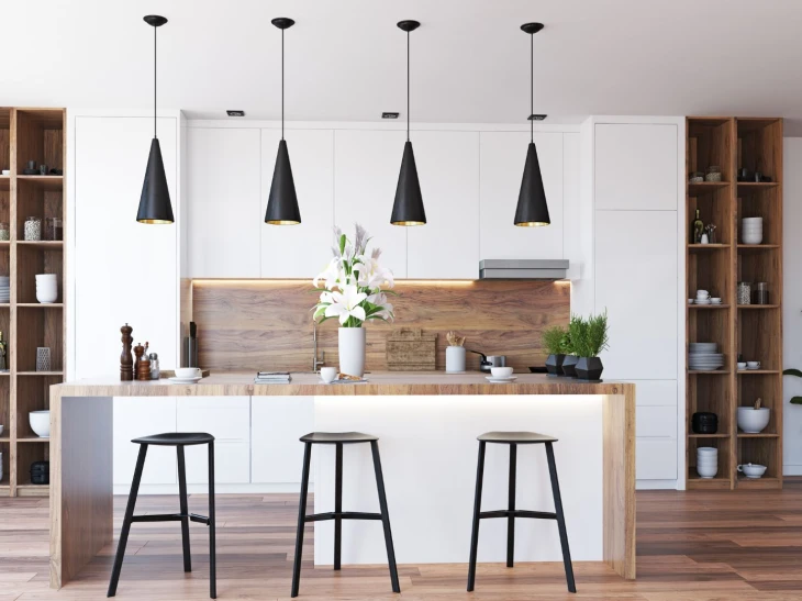 Kitchen interior with kitchen island, plants, dinnerware, and plants
