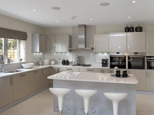 kitchen with white high gloss doors and island with 3 bar stools 2