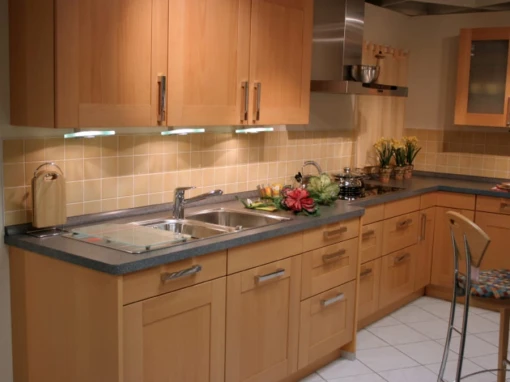 kensington style kitchen with light brown wood effect kitchen doors