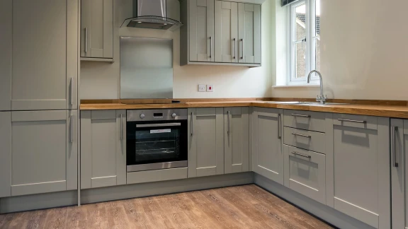 chelsea range kitchen grey doors wooden worktop