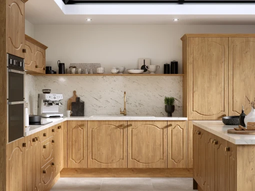 Vienna Double Arch in Pippy Oak with White Carrara Marble worktop